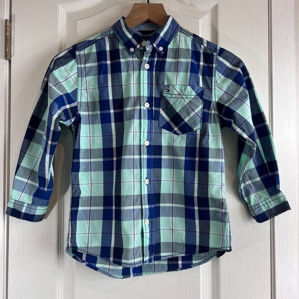 Tommy Hilfiger Boys Long Sleeve Button Down Shirt Blue Plaid Size 6